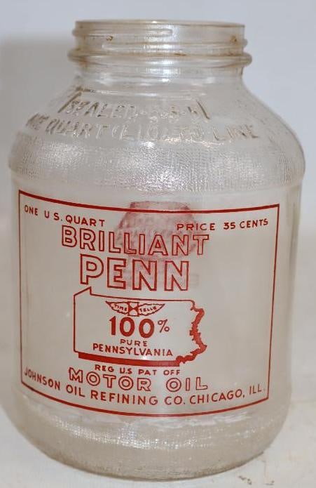 Johnson Oil Refining Brilliant Penn Wartime Glass Oil Jar: 32 oz empty