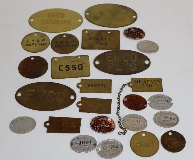 Large Group of Esso & Enco Brass & Aluminum Fuel & Furniture Tags: Largest is 4" x 2.75"
