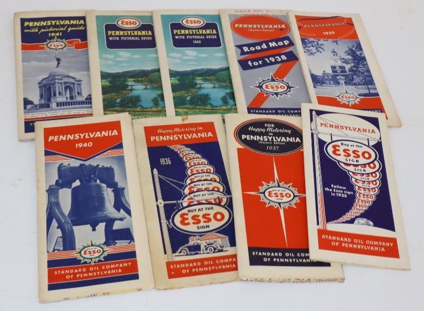 Group of 9 - 1930's & 40's Esso Pennsylvania Road Maps: Largest is 9" x 4"