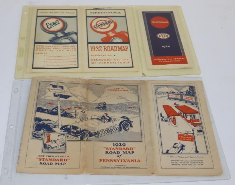 Group of 3 1929, 1932, 1934 Esso and Standard Oil of PA Gas Station Road Maps (1 of 3)