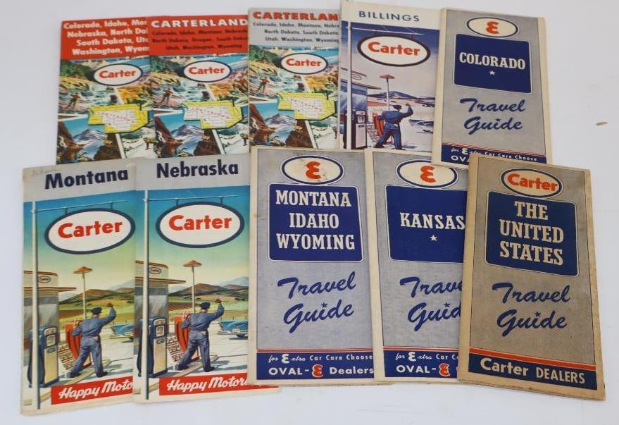 Group of 10 Carter Oil Co Gas Station Road Maps: Largest is 4" x 8.5"