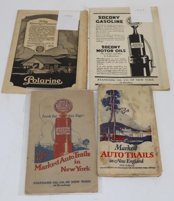 Group of 4 Socony 1920's Gas Station Road Maps: Largest is 9" x 5.5"