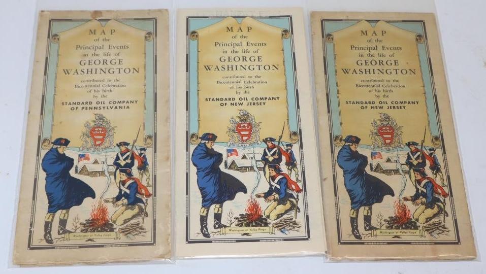 Group of 3 Standard Oil of NJ Gas Station George Washington Event Maps: Largest is 9" x 4"