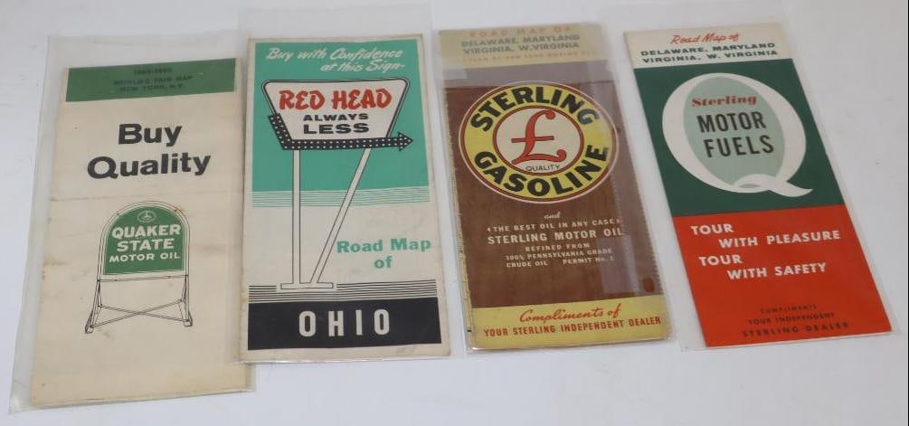 Group of 4 Red Head, Sterling, and Quaker State Gas Station Road Maps: Largest is 9" x 4"