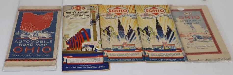 Group of 5 Sohio 1920's & 1930's Gas Station Road Maps: Largest is 9" x 4"