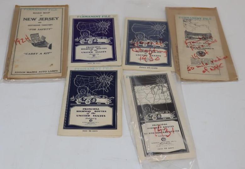 Group of 6 1920's & 1930's Graphic Automobile Franklin Insurance Gas Station Road Maps: Largest is 9" x 4"