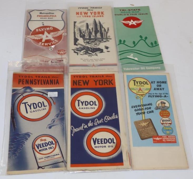 Group of 6 Tydol and Flying A Gas Station Road Maps: Largest is 9" x 4"