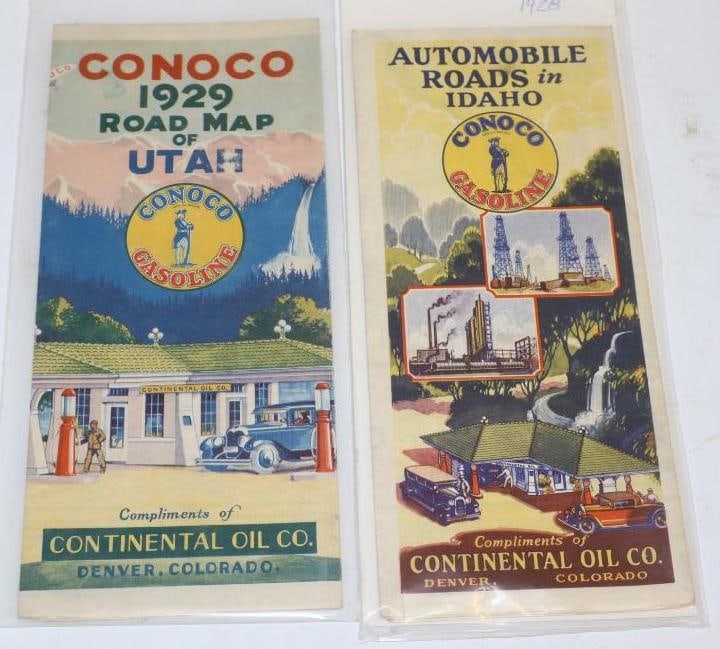 Group of 2 1928-1929 Conoco Minuteman Gas Station Road Maps: Largest is 9" x 4"