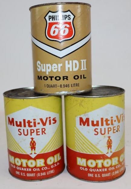 Group of 3 Old Quaker Multi-Vis Super and Phillips 66 1 Quart Composite Oil Cans: 4" x 4" x 5.5" each