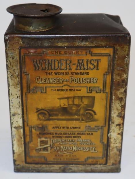 Wonder-Mist 1 Quart Polish Can with Early Car Graphics: 2.75" x 4.25" x 6"