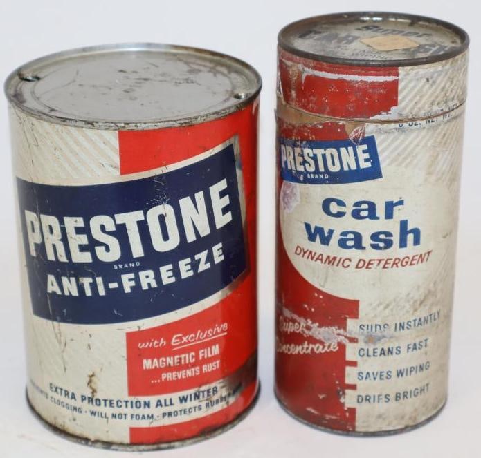 Group of 2 Prestone Antifreeze and Car Wash Cans: largest 4" x 4" x 5.5"