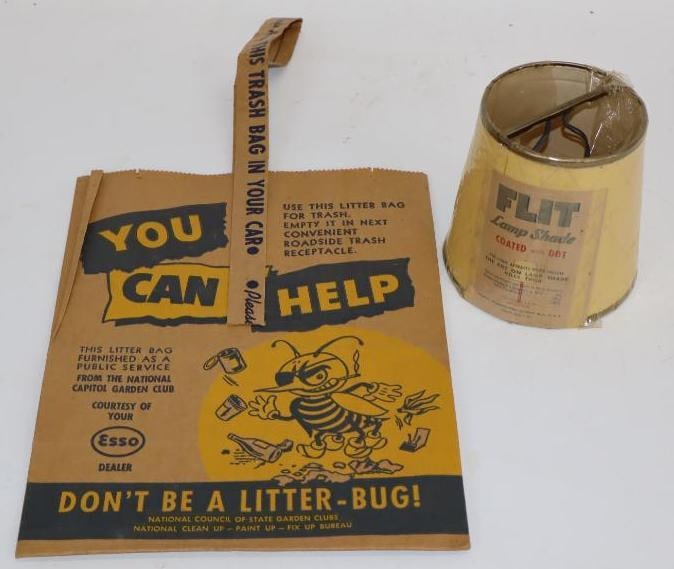 Group of 2 Stanco Flit Lamp Shade and Esso Litter Bug Bag: 10" x 8" is the largest