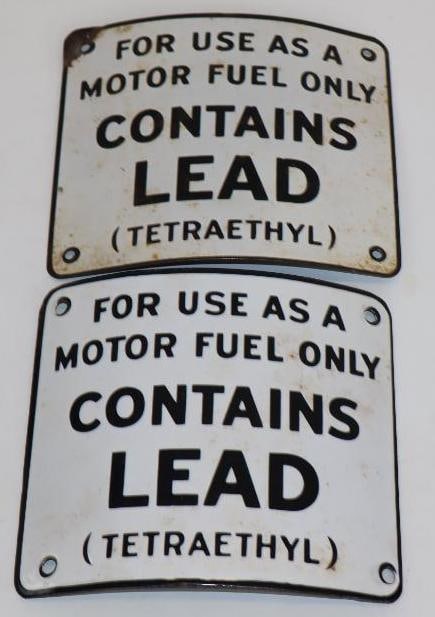 Pair of Curved Porcelain Contains Lead Porcelain Warning Plates: 6" x 7"