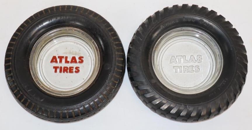 Group of 2 Embossed Atlas Tire Ashtrays: 6.5" x 6.5" x 1.25" each
