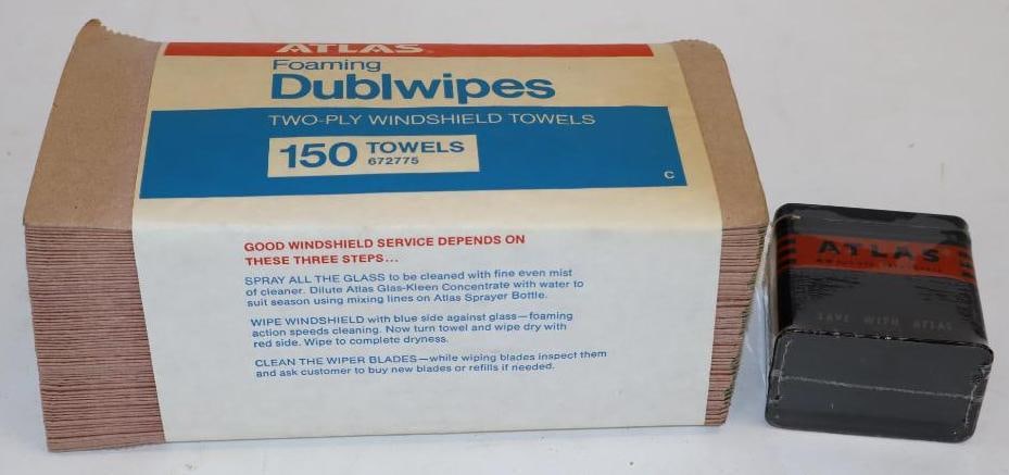 Group of 2 Atlas Windshield Wiper Towels and Battery Shaped Coin Bank: Largest is 10" x 5" x 4"