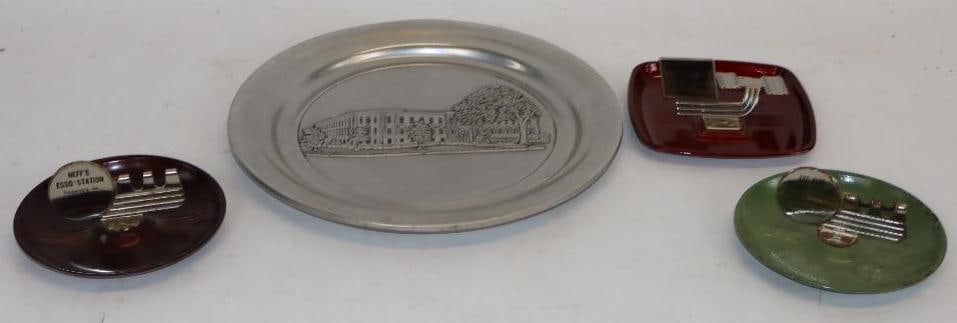 Group of 4 Esso Advertising Ashtrays and Aluminum Embossed Plate: 11" x 11" is the largest