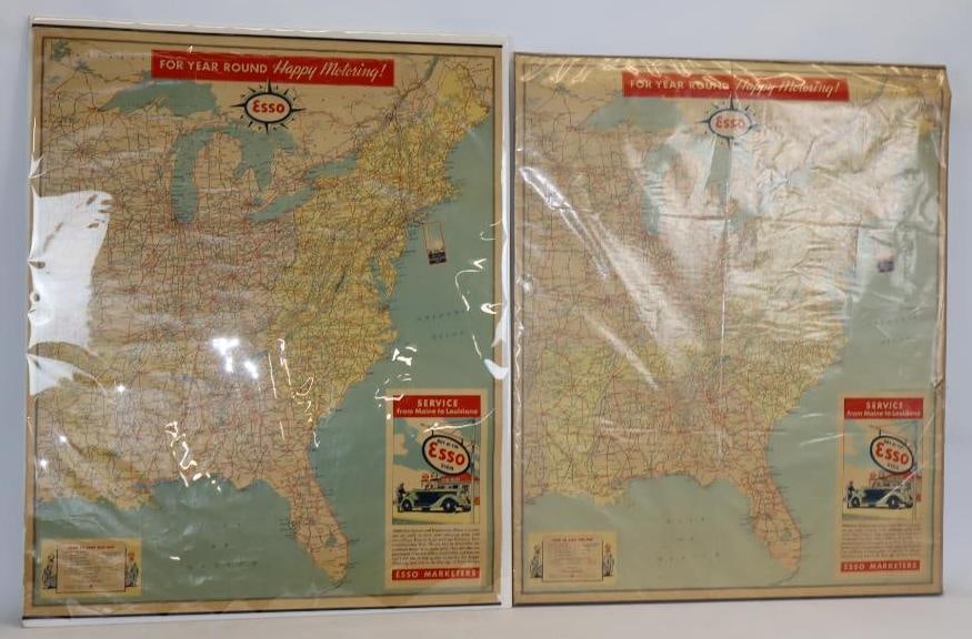 Group of 2 Esso Service Maine to Louisiana Gas Station Poster Road Maps: 32" x 40"