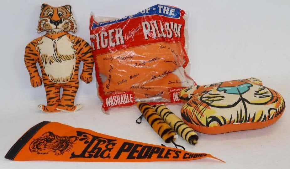 Group of 8 Tiger Tails and Esso Pennants, Pillows, and Stuffed Animals: largest 23" x 8.5"