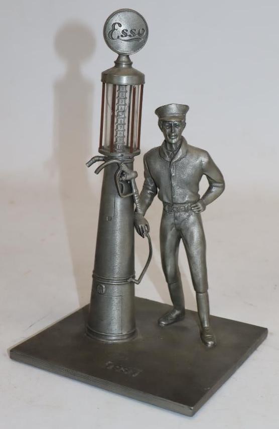 1931 Pewter Gas Station Attendant and Visible Gas Pump Statue: 5" x 5" x 8", glass on pump is cracked