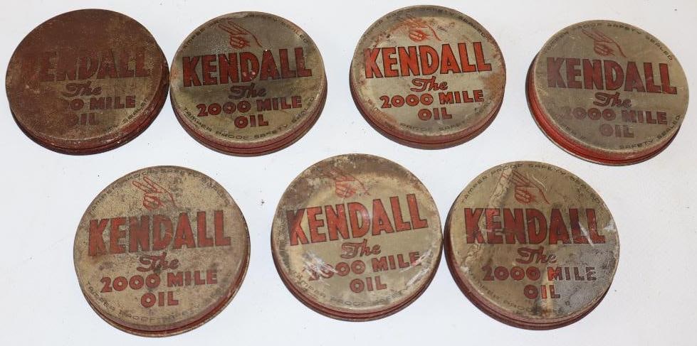 Group of 7 Kendall Motor Oil Wartime Glass Jar Lids: 2.5" x 2.5" each