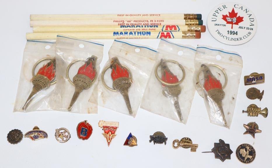 Group of 24 Marathon, Phillips 66, and Farmer's Insurance Pencils, Pins and Keychains: largest 7.5"