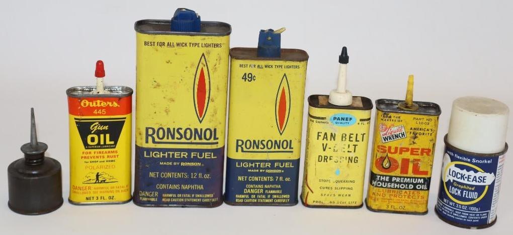 Group of 7 Handy Oiler and Spray Cans: largest 12oz