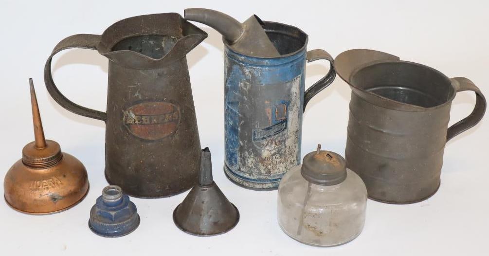 Group of 6 Maytag and Behrens Oil Cans and Funnels: largest 4.5" x 6.5" x 6.5"