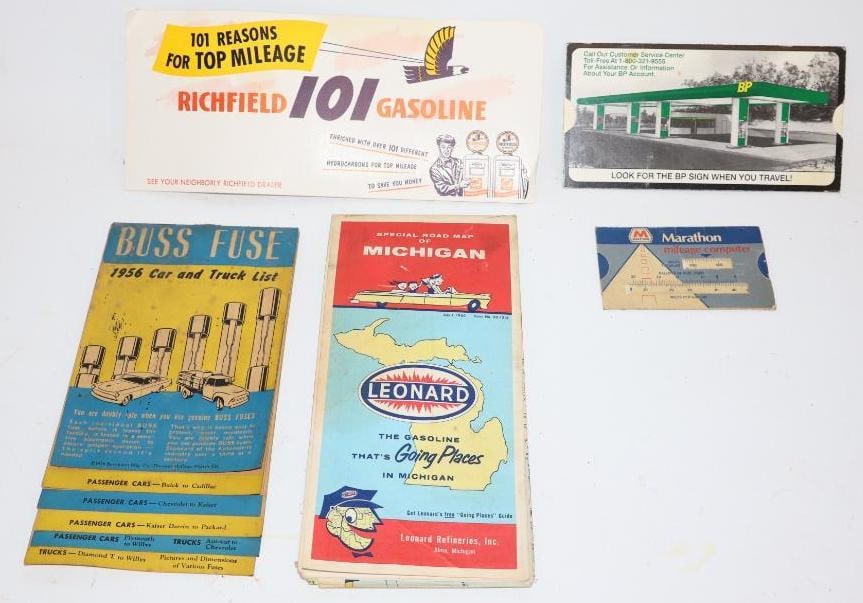 Group of 5 Leonard, Richfield, BP, Marathon, and Buzz Fuse, Map, Ink Blotter, Slide Rulers, and 1956: largest 4" x 9"