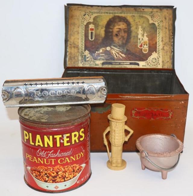 Group of 5 Planter's, Roc-Oco, and Graafhoorne Advertising Can, Pepper Shaker, Harmonica, and Other: largest 5" x 8" x 4.5"