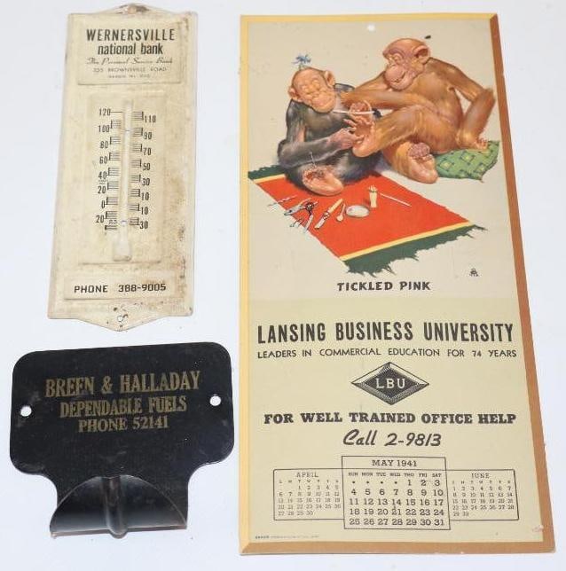 Group of 3 Lansing Business University Wernersville Bank and Halladay Fuels Advertising Calendar: largest 10" x 4.5", thermometer is missing tube