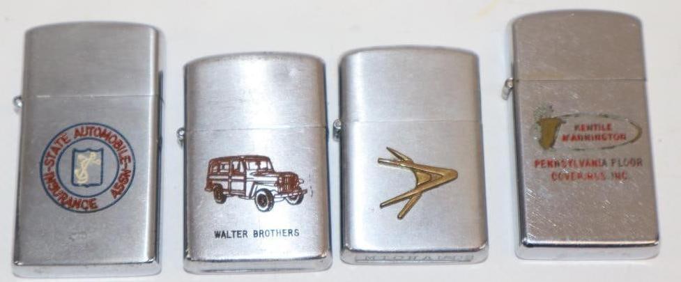 Group of 4 Zippo and Zippo Style Advertising Lighters: largest 1.25" x 2.25"