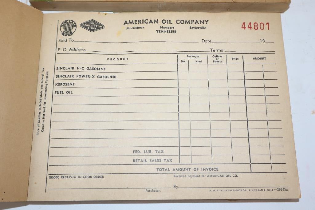 Group of 2 Sinclair and American Oil Unused Receipt Books: 5.5" x 8.25" each
