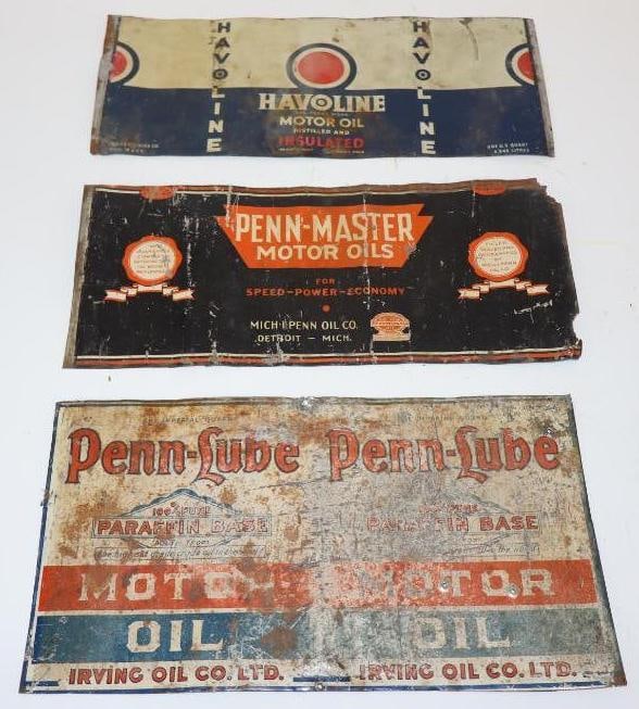 Group of 3 Penn-Master, Penn-Lube, and Havoline Flattened Metal Oil Cans: largest 11" x 6.25"