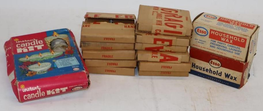 Group of 14 Esso Advertising Wax Candle Kit and Coasters: largest 8.5" x 6" x 2"