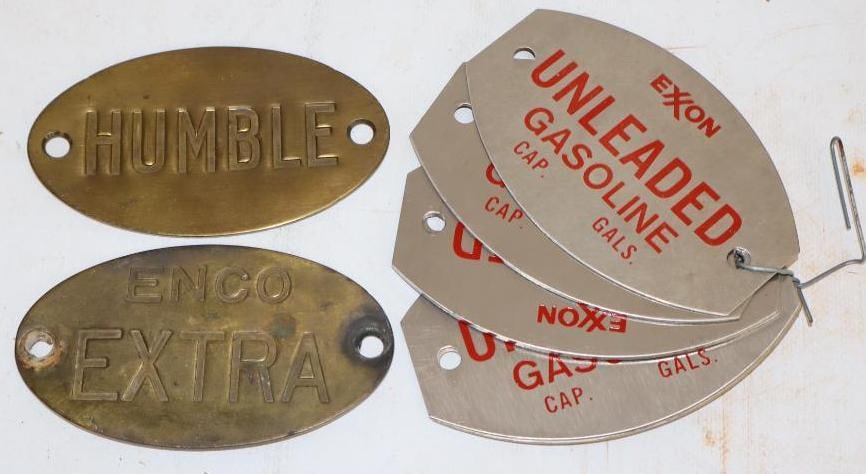 Group of 9 Brass and Stainless Exxon, Enco, and Humble Gas Tags: largest 4.25" x 2.5"