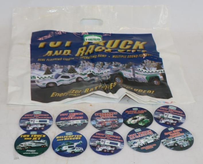 Group of 11 Hess Gas Station Pin Back Badges and Plastic Bag: largest 3" x 3"