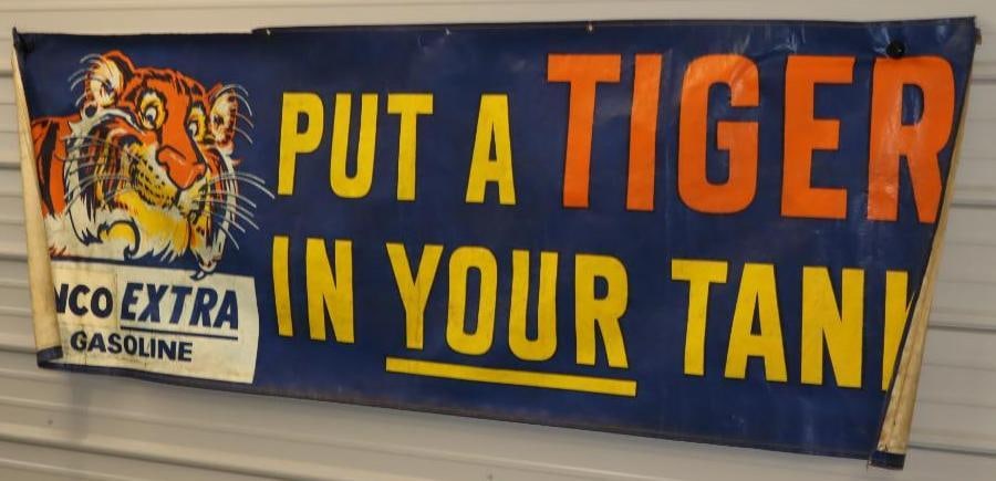 Esso Rebranded Enco Extra Put a Tiger In Your Tank Advertising Nylon Banner: 91x32 Has Enco Sticker On Banner