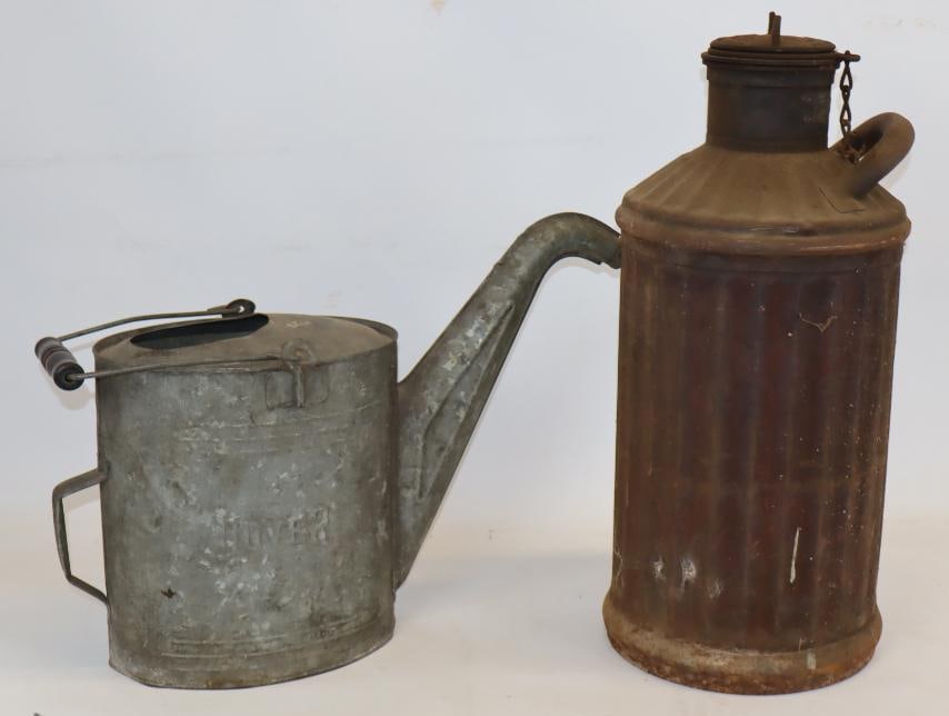 Group of 2 Flouted 10 Gallon Bulk Oil Can and Galvanized Dover 2 Gallon Pour Can With Spout (1 of 5)