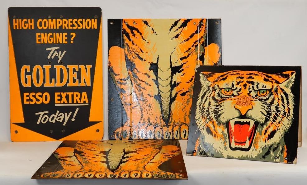 Group of 5 Heavy Cardboard Tiger And Golden Esso Advertising Gas Station Signs (1 of 6)