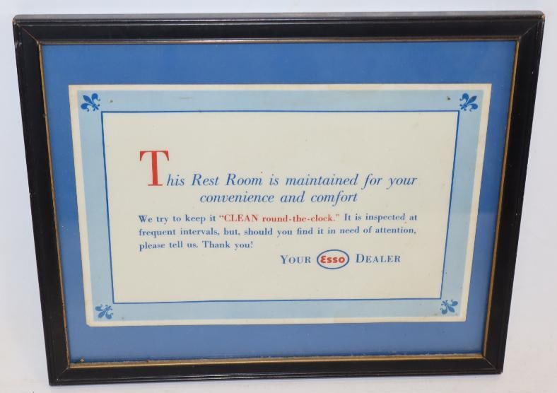 Esso "Clean Around The Clock" Framed Restroom Sign: 8.75x10.75