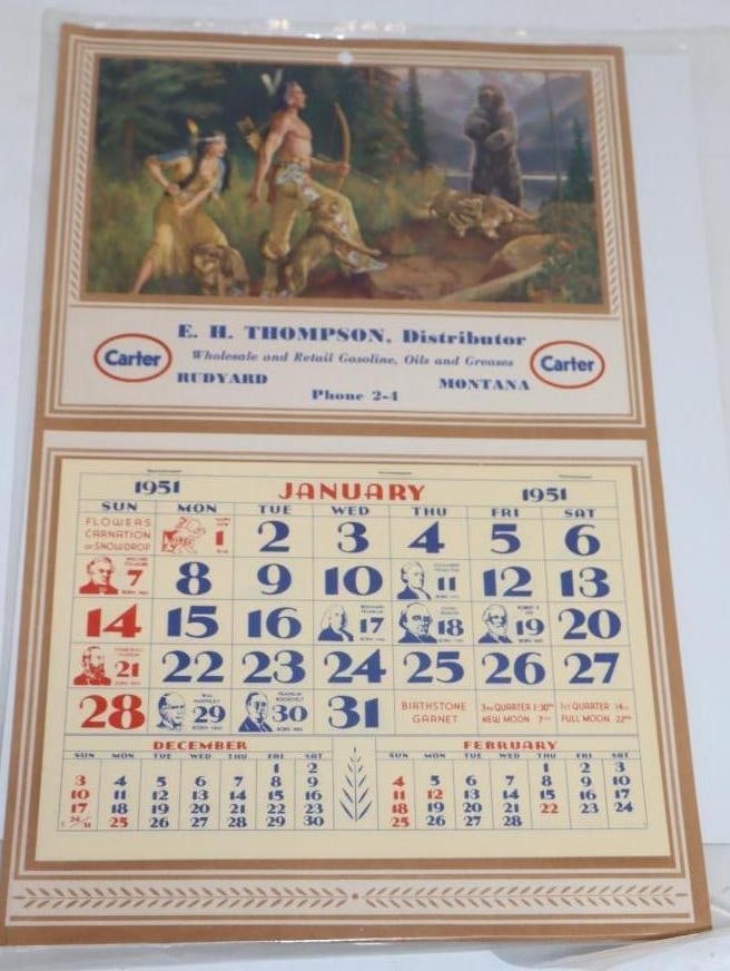 1951 Carter Oil Advertising Gas Station Calendar: 10x15.75