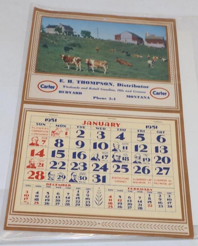 1951 Carter Oil Advertising Gas Station Calendar: 10x15.75
