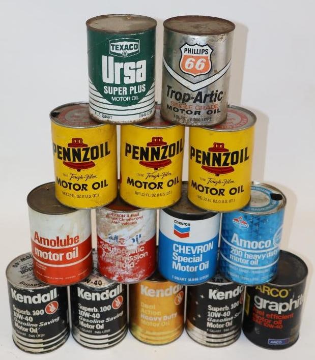 Group of 14 Phillips 66, Pennzoil, Amoco, Texaco, and Other 1 Quart Composite Oil Cans (1 of 2)