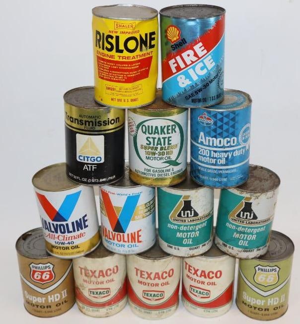 Group of 14 Phillips 66, Texaco, Shell, Amoco, and Other Composite Metal and Plastic Quart Oil Cans: 4" x 4" x 5.5" each
