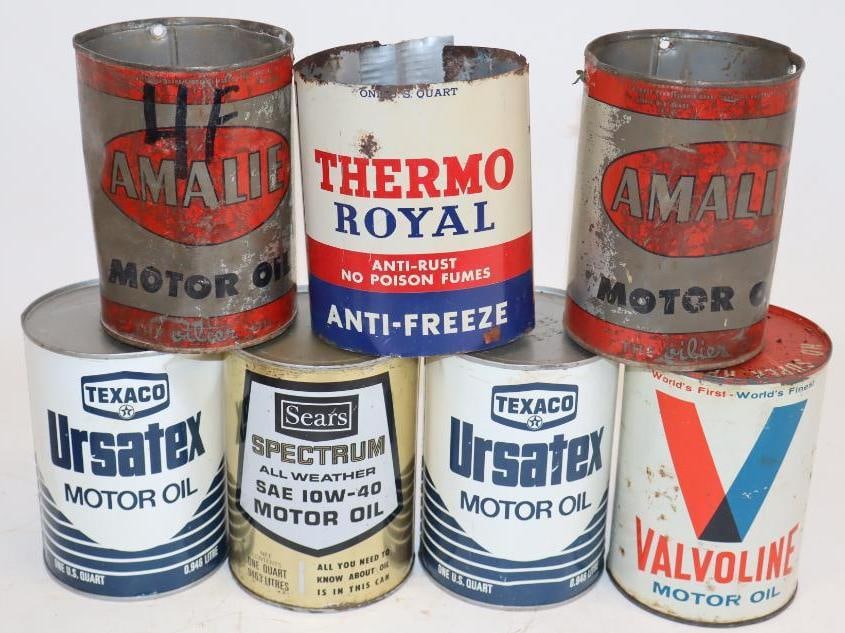 Group of 7 Valvoline, Amalie, Sears, Texaco, and Thermo Royal Metal 1 Quart Oil Cans (1 of 2)