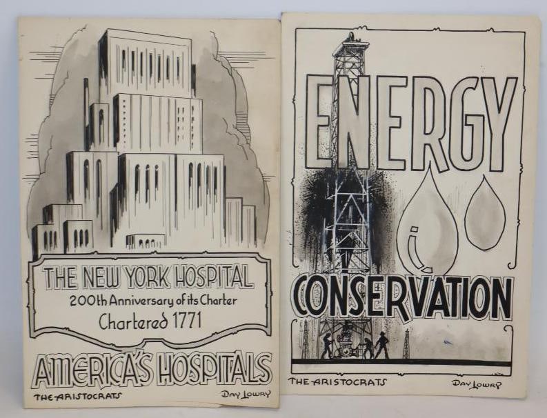 Group of 2 The Aristocrats Energy Conversion and The NY Hospital Day Lowry Art Work on Heavy Card (1 of 4)