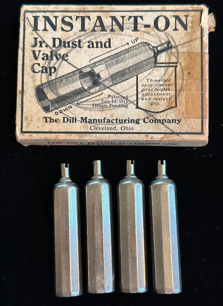 Tire Valve Dust Caps in Box: Tire Valve Dust Caps in Box. Quantity 4. The box measures approximately 3.5" wide by 2.5" high by