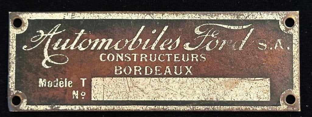 1916 - 1935 Ford (France) Serial Data Plate (1 of 2)