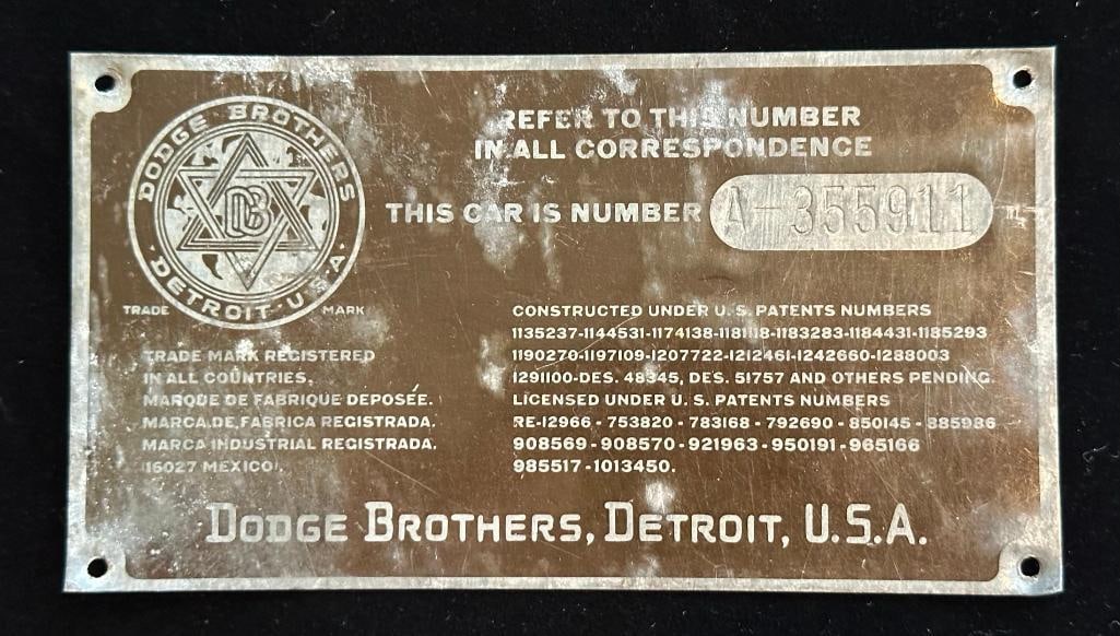 Dodge Brothers Serial Data Plate (1 of 2)