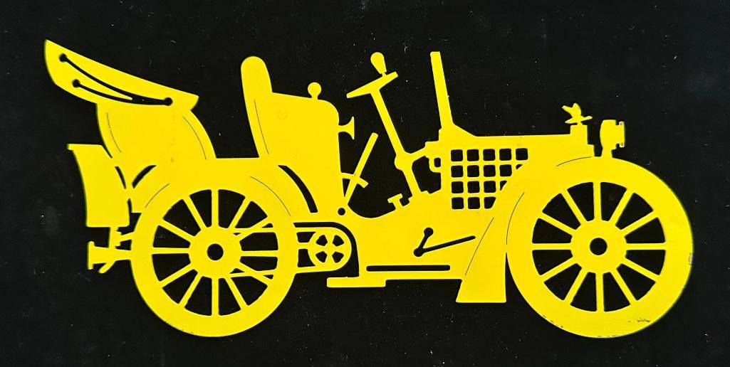 Horseless Carriage Automobile Cut Out Sign: Horseless Carriage Automobile Cut Out Sign. The sign measures approximately 10" wide by 5" high.